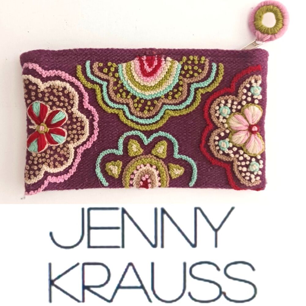 NEW Jenny Kraus Floral Embroidered Wool Zip Top Pouch 9X5 Purple/Pink/Aqua